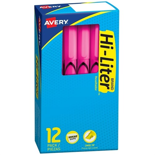 Avery Hi-Liter Stick Highlighters, Chisel, Pink, Dozen (Other)