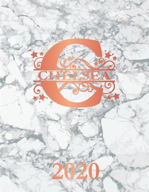 Chelsea: 2020. Personalized Name Weekly Planner Diary 2020. Monogram Letter C Notebook Planner. White Marble & Rose Gold Cover. (Paperback)