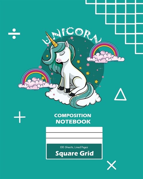 Unicorn Square Grid, Graph Paper Composition Notebook, 100 Sheets, Large 8 x 10 Inch, Quad Ruled Royal Blue Cover (Paperback)