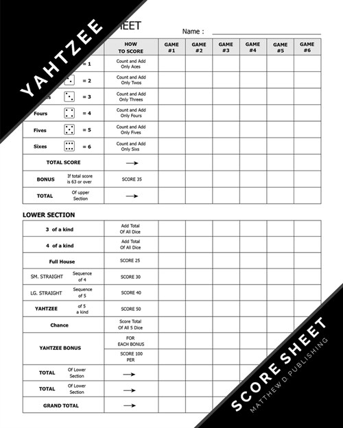 Matthew D. Publishing Yahtzee Score Sheet: Yahtzee Game Record Keeper for Multiple Games of Yahtzee Score Cards with Players Write in the player name (Paperback)