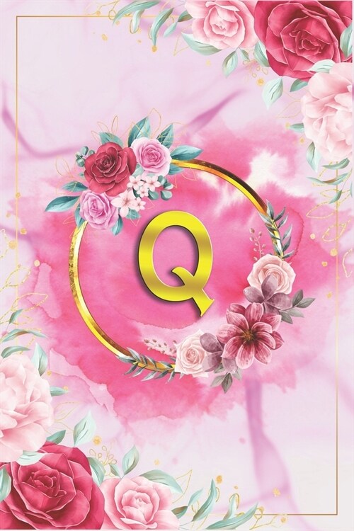 Q: Beautiful Rose Marble Blank Wide Rulled Notebook with Monogram Initial Letter Q For Women & Girls- Lovely Golden Ring (Paperback)