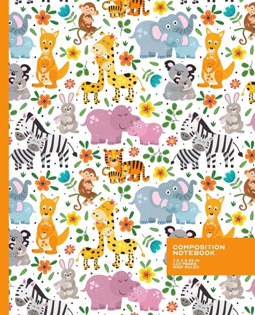 Wide Ruled Composition Notebook: Sweet Baby Zoo Animals - Giraffe Hippo Koala Monkey Kangaroo Zebra Rabbit Tiger - Blank Wide Ruled Book with Table of (Paperback)