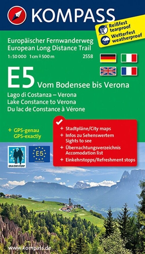 Kompass Wander-Tourenkarte E5, Vom Bodensee bis Verona. E5, Lago di Costanza - Verona / E5, Lake Constance to Verona / E5, Du lac de Constance a Veron (Sheet Map)