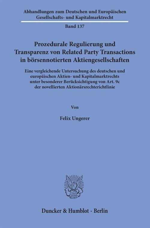 Prozedurale Regulierung Und Transparenz Von Related Party Transactions in Borsennotierten Aktiengesellschaften: Eine Vergleichende Untersuchung Des De (Paperback)