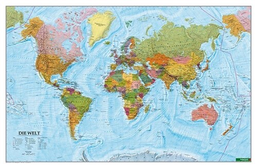 Wandkarte: Die Welt, Poster 1:35.000.000, Metallbestabt in Rolle (Sheet Map)