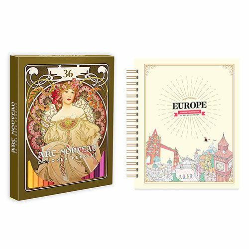 [중고] 마이 로맨틱 유럽 스티커 컬러링북 (스프링) + 아르누보 36색 색연필 세트
