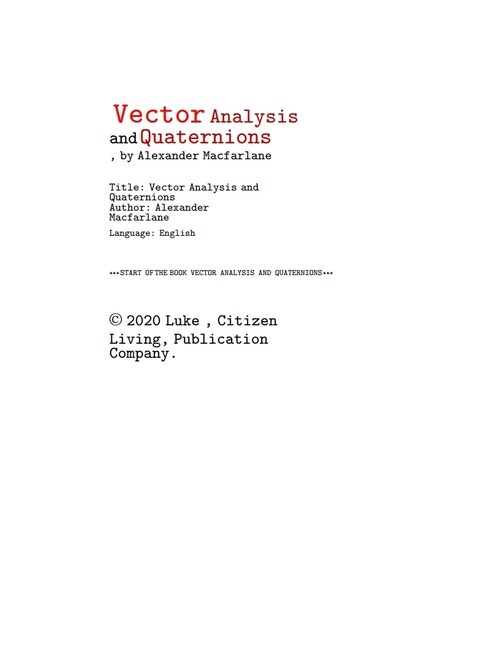 벡터의 분석과 사원수 (Vector Analysis and Quaternions , by Alexander Macfarlane) 커버
