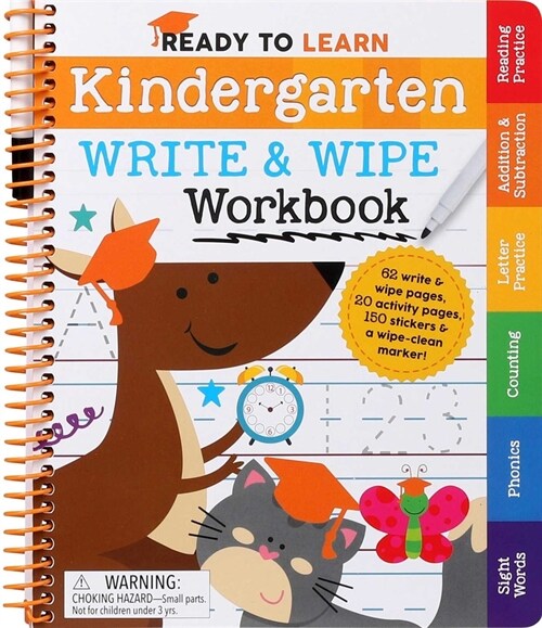 Ready to Learn: Kindergarten Write and Wipe Workbook: Addition, Subtraction, Sight Words, Letter Sounds, and Letter Tracing (Spiral)