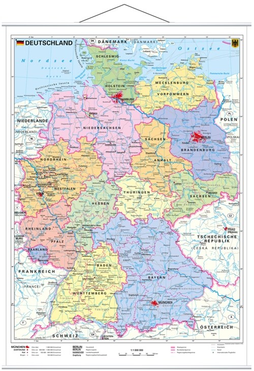 Stiefel Wandkarte Kleinformat Deutschland, politisch, mit Metallstaben (Sheet Map)