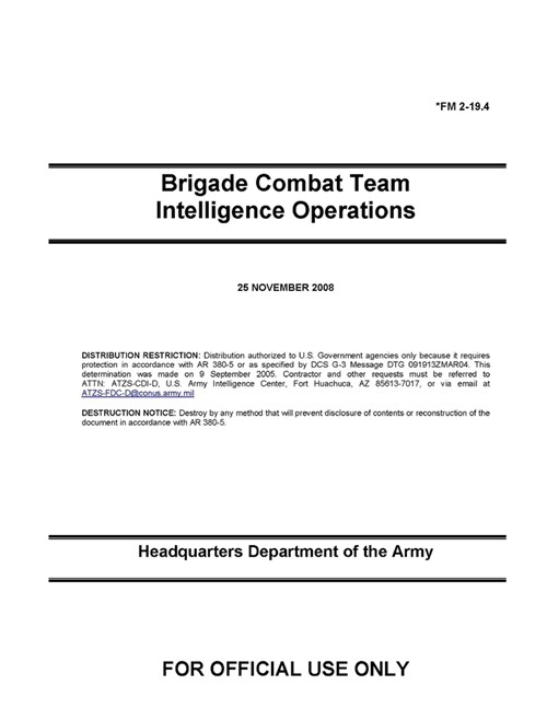 FM 2-19.4 Brigade Combat Team Intelligence Operations (Paperback)