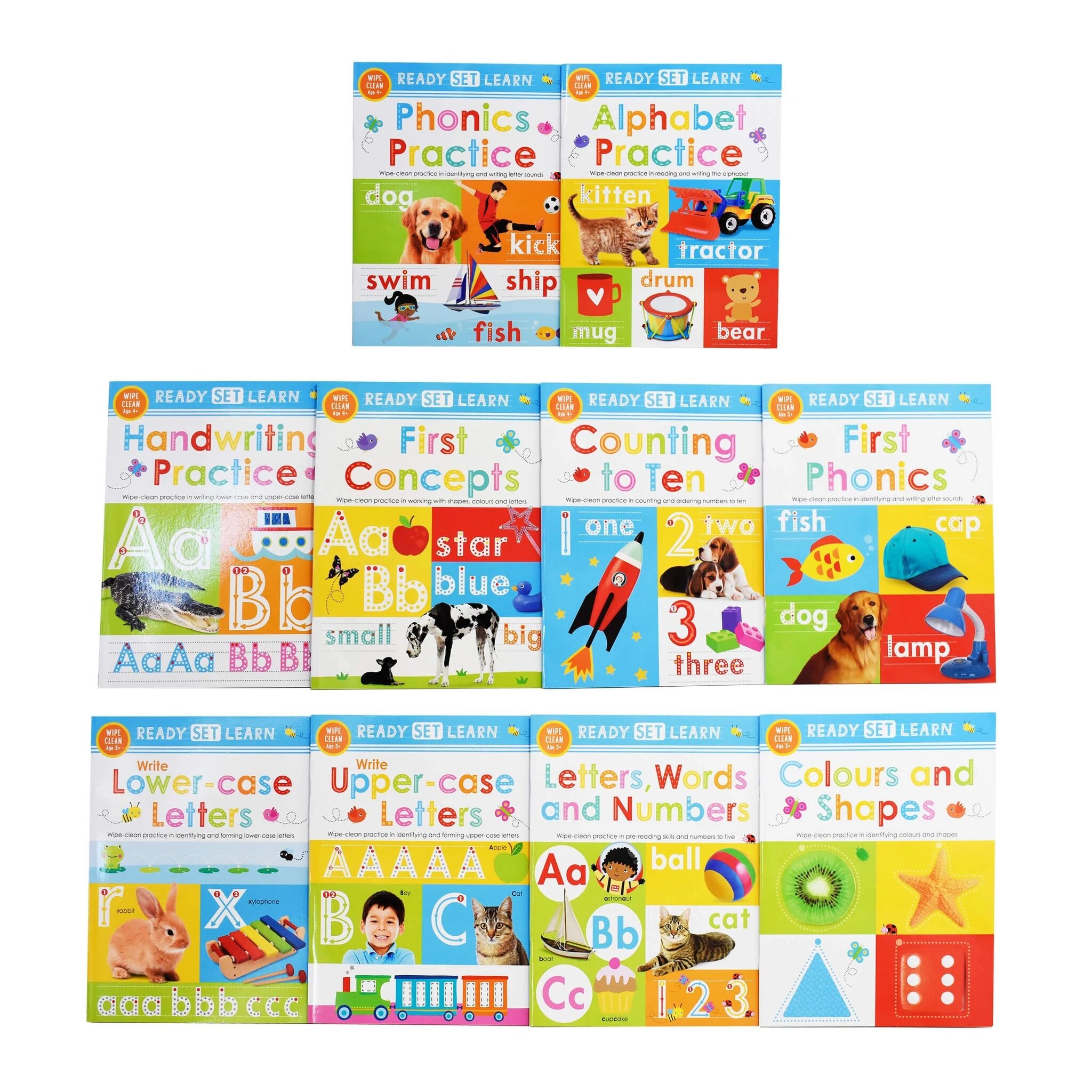 Ready Set Learn 10 Early Learning Wipe Clean Books Colours Shapes Numbers Phonics Handwriting Counting (Paperback 10권)