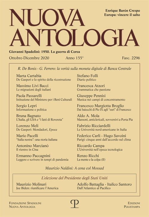 Nuova Antologia - A. CLV, N. 2296, Ottobre-Dicembre 2020: Rivista Di Lettere, Scienze Ed Arti. Serie Trimestrale Fondata Da Giovanni Spadolini (Paperback)