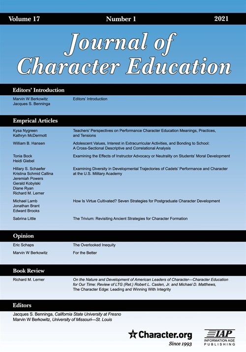 Journal of Character Education Volume 17 Number 1 2021 (Paperback)