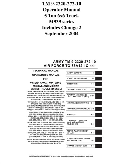 TM 9-2320-272-10 Operator Manual 5 Ton 6x6 Truck M939 series Includes Change 2 September 2004 (Paperback)