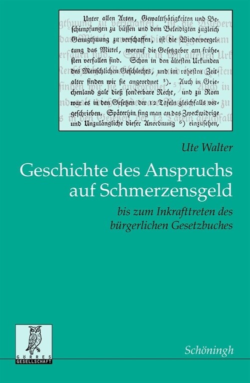 Geschichte Des Anspruchs Auf Schmerzensgeld: Bis Zum Inkrafttreten Des B?gerlichen Gesetzbuches (Paperback)