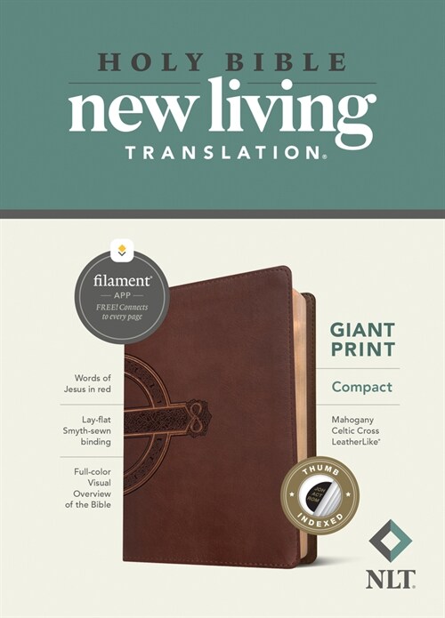 NLT Compact Giant Print Bible, Filament-Enabled Edition (Leatherlike, Mahogany Celtic Cross, Indexed, Red Letter) (Imitation Leather)