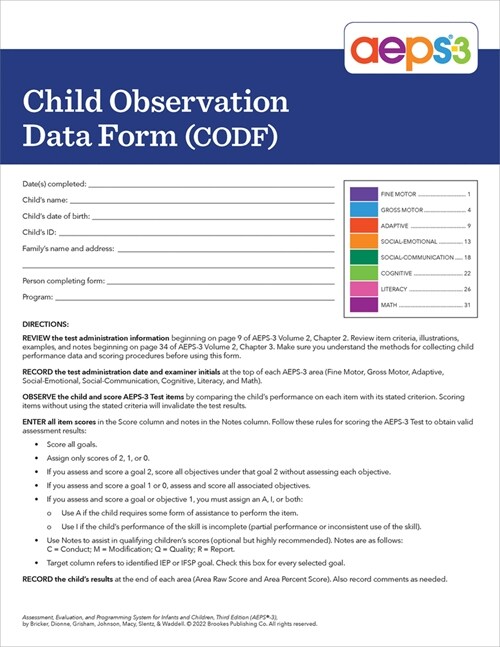 Aeps(r)-3 Child Observation Data Form (Paperback, 3, Third Edition)