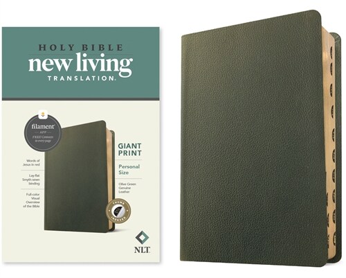 NLT Personal Size Giant Print Bible, Filament-Enabled Edition (Genuine Leather, Olive Green, Indexed, Red Letter) (Leather)
