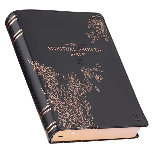The Spiritual Growth Bible, Study Bible, NLT - New Living Translation Holy Bible, Faux Leather, Black Rose Gold Debossed Floral (Leather)