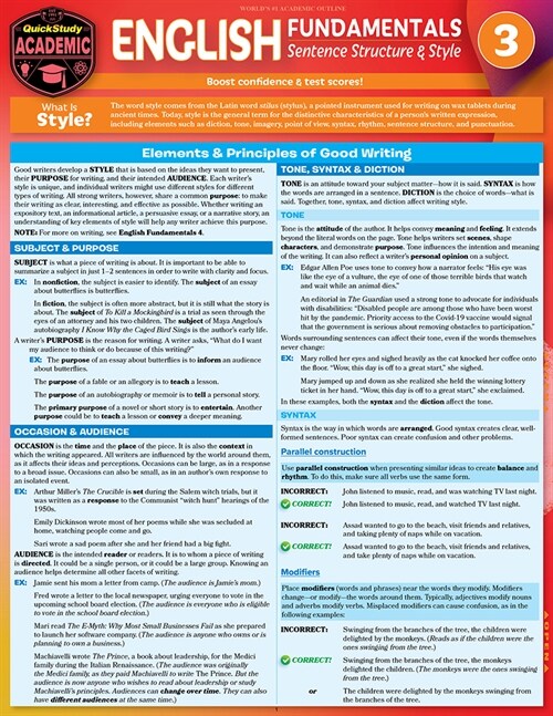 English Fundamentals 3 - Sentence Structure & Style: A Quickstudy Language Arts Laminated Reference Guide (Other, 2, Second Edition)
