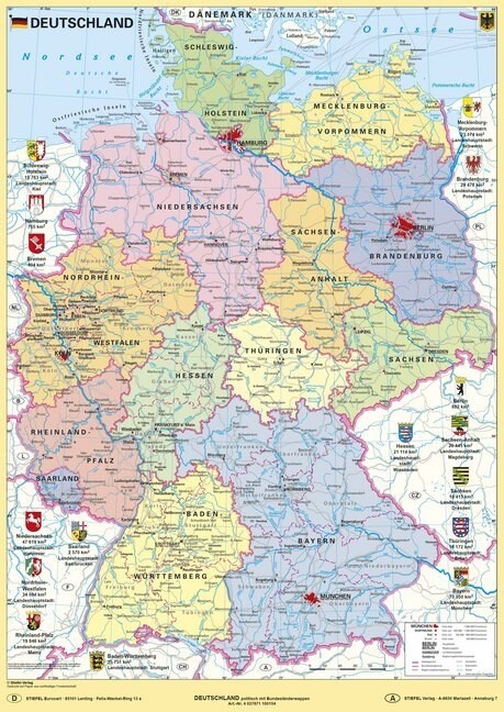 Deutschland politisch mit Bundeslanderwappen (Sheet Map)