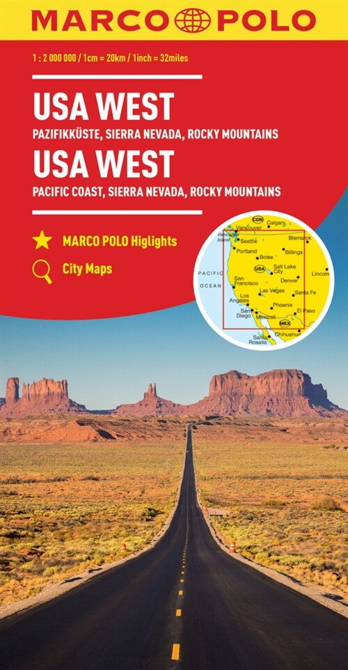 USA West Marco Polo Map: Pacific Coast, Sierra Nevada, Rocky Mountains (Folded)