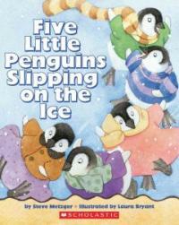 Five little penguins slipping on the ice 