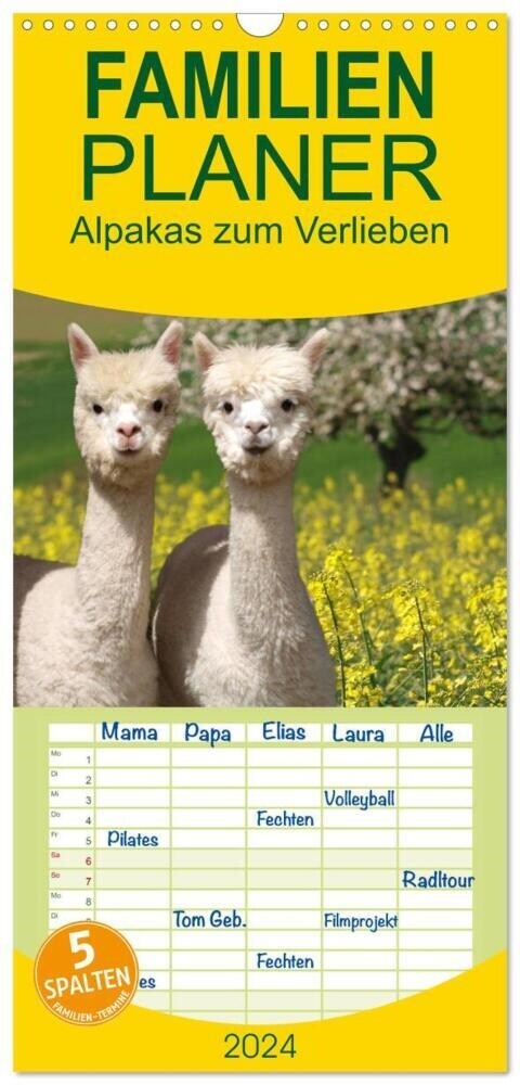 Familienplaner 2024 - Alpakas zum Verlieben mit 5 Spalten (Wandkalender, 21 x 45 cm) CALVENDO (Calendar)