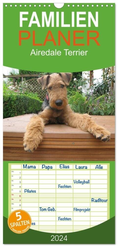 Familienplaner 2024 - Airedale Terrier mit 5 Spalten (Wandkalender, 21 x 45 cm) CALVENDO (Calendar)