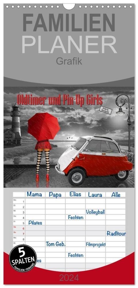 Familienplaner 2024 - Oldtimer und Pin-Up Girls by Mausopardia mit 5 Spalten (Wandkalender, 21 x 45 cm) CALVENDO (Calendar)