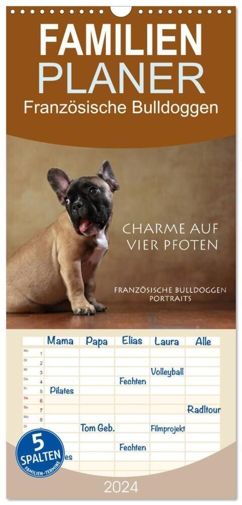 Familienplaner 2024 - Charme auf vier Pfoten - Franzosische Bulldoggen Portraits mit 5 Spalten (Wandkalender, 21 x 45 cm) CALVENDO (Calendar)