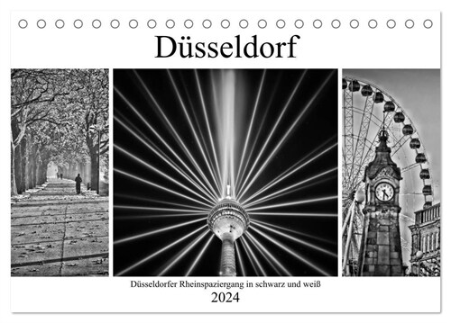 Dusseldorfer Rheinspaziergang in schwarz und weiß (Tischkalender 2024 DIN A5 quer), CALVENDO Monatskalender (Calendar)