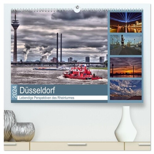 Dusseldorf - Lebendige Perspektiven des Rheinturmes (hochwertiger Premium Wandkalender 2024 DIN A2 quer), Kunstdruck in Hochglanz (Calendar)