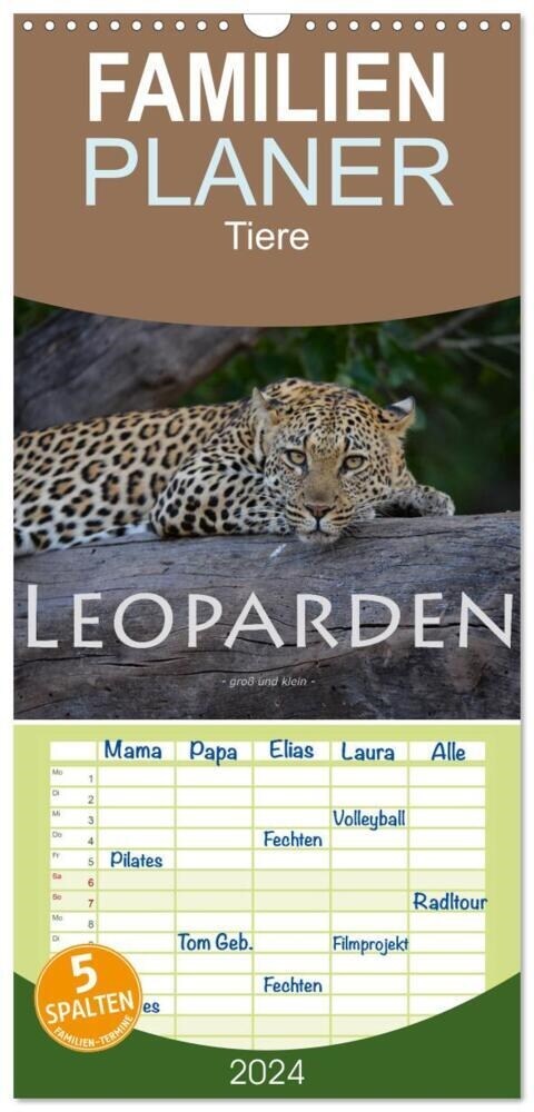 Familienplaner 2024 - Leoparden - groß und klein mit 5 Spalten (Wandkalender, 21 x 45 cm) CALVENDO (Calendar)