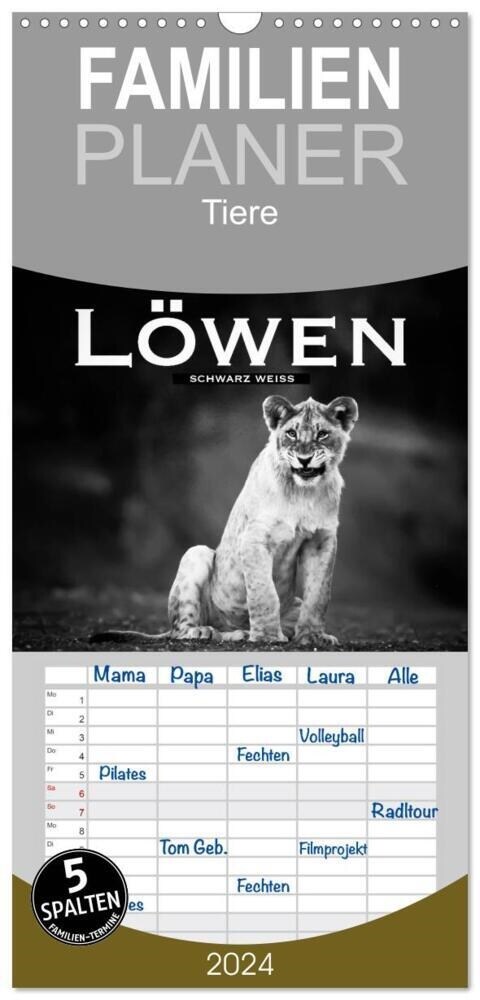 Familienplaner 2024 - Lowen schwarz weiß mit 5 Spalten (Wandkalender, 21 x 45 cm) CALVENDO (Calendar)