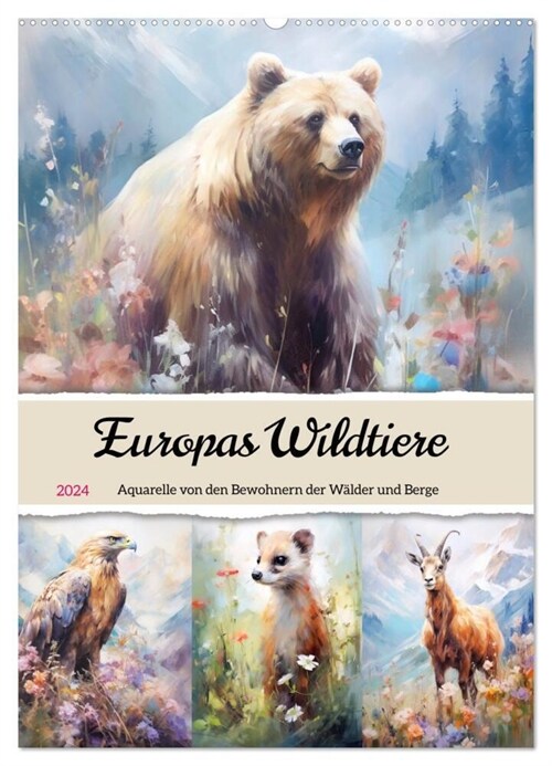 Europas Wildtiere. Aquarelle von den Bewohnern der Walder und Berge (Wandkalender 2024 DIN A2 hoch), CALVENDO Monatskalender (Calendar)