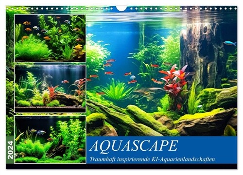 Aquascape. Traumhaft inspirierende KI-Aquarienlandschaften (Wandkalender 2024 DIN A3 quer), CALVENDO Monatskalender (Calendar)