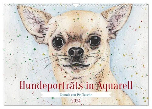 Hundeportrats in Aquarell (Wandkalender 2024 DIN A3 quer), CALVENDO Monatskalender (Calendar)