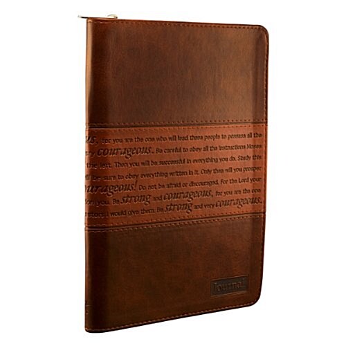 Classic Faux Leather Journal Strong and Courageous Joshua 1:57 Bible Verse, Brown Inspirational Notebook, Lined Pages W/Scripture, Ribbon Marker, Zipp (Leather)