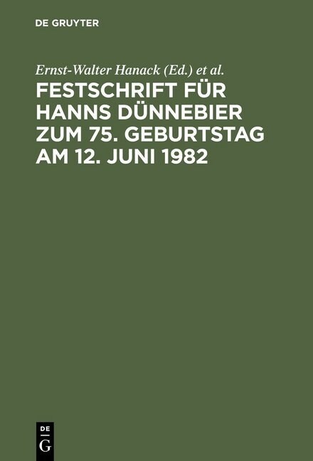 Festschrift f? Hanns D?nebier zum 75. Geburtstag am 12. Juni 1982 (Hardcover, Reprint 2014)